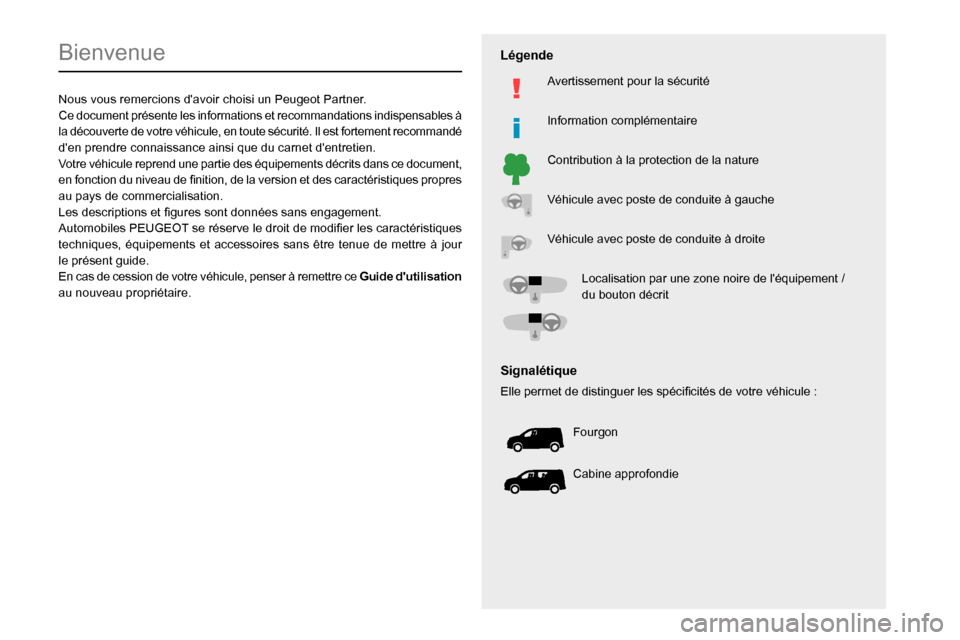 Peugeot Partner 2020  Manuel du propriétaire (in French)   
 
 
 
 
 
  
  
   
   
 
  
 
  
 
 
 
   
 
 
  
Bienvenue
Nous vous remercions davoir choisi un Peugeot Partner.Ce document présente les informations et recommandations indispensables à 
la d