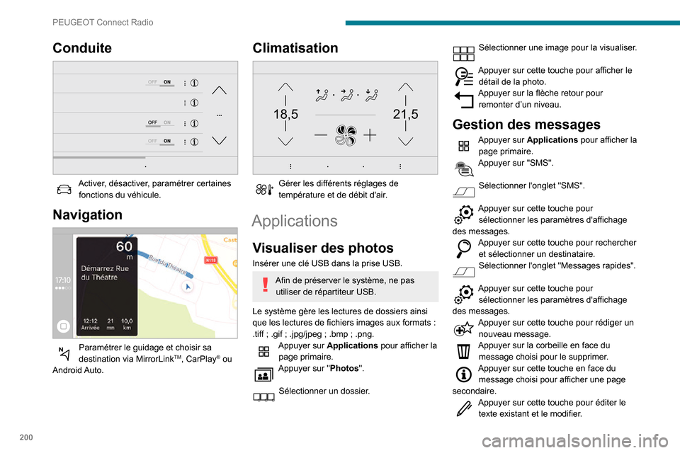 Peugeot Partner 2020 Manuel du propriétaire (in French) 200
PEUGEOT Connect Radio
Conduite
Activer, désactiver, paramétrer certaines fonctions du véhicule.
Navigation
Paramétrer le guidage et choisir sa destination via MirrorLinkTM, CarPlay® ou Peugeot Partner 2020 Manuel du propriétaire (in French) 200
PEUGEOT Connect Radio
Conduite
Activer, désactiver, paramétrer certaines fonctions du véhicule.
Navigation
Paramétrer le guidage et choisir sa destination via MirrorLinkTM, CarPlay® ou