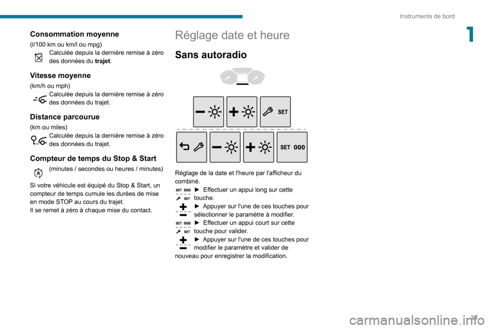 Peugeot Partner 2020  Manuel du propriétaire (in French) 23
Instruments de bord
1Consommation moyenne
(l/100 km ou km/l ou mpg)Calculée depuis la dernière remise à zéro des données du trajet.
Vitesse moyenne
(km/h ou mph)Calculée depuis la dernière r