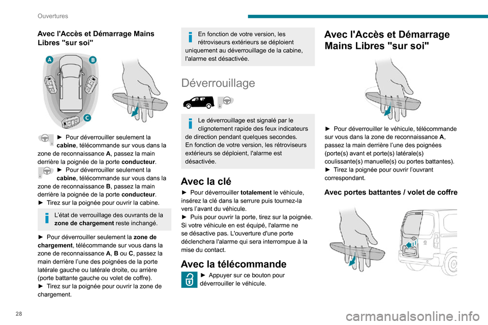 Peugeot Partner 2020  Manuel du propriétaire (in French) 28
Ouvertures
Avec lAccès et Démarrage Mains Libres "sur soi"
 
 
► Pour déverrouiller seulement la cabine, télécommande sur vous dans la 
zone de reconnaissance  A, passez la main 
derrière 