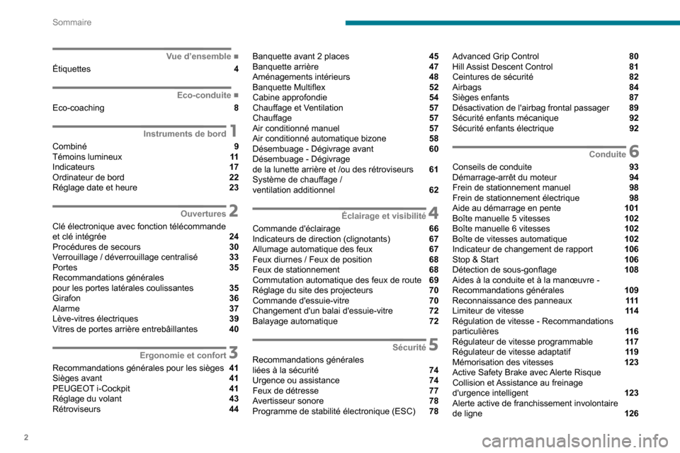 Peugeot Partner 2020  Manuel du propriétaire (in French) 2
Sommaire
 
 
 
 
 
 
 
   ■
Vue d’ensemble
Étiquettes  4
  ■
Eco-conduite
Eco-coaching  8
 1Instruments de bord
Combiné  9
Témoins lumineux  11
Indicateurs  17
Ordinateur de bord  22
R�