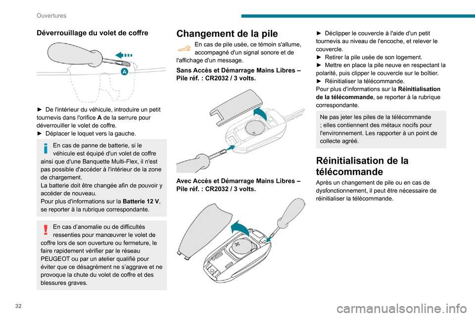 Peugeot Partner 2020  Manuel du propriétaire (in French) 32
Ouvertures
Déverrouillage du volet de coffre 
 
► De lintérieur du véhicule, introduire un petit 
tournevis dans lorifice A de la serrure pour 
déverrouiller le volet de coffre.
► Déplac