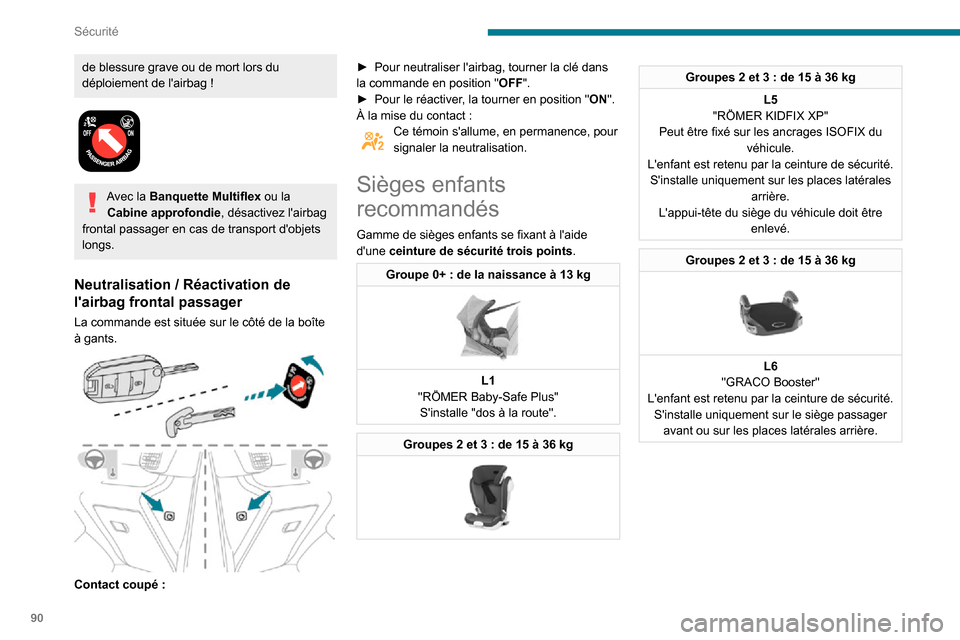 Peugeot Partner 2020 Manuel du propriétaire (in French) 90
Sécurité
de blessure grave ou de mort lors du déploiement de lairbag !
Avec la Banquette Multiflex ou la Cabine approfondie , désactivez lairbag
frontal passager en cas de transport dob Peugeot Partner 2020 Manuel du propriétaire (in French) 90
Sécurité
de blessure grave ou de mort lors du déploiement de lairbag !
Avec la Banquette Multiflex ou la Cabine approfondie , désactivez lairbag
frontal passager en cas de transport dob