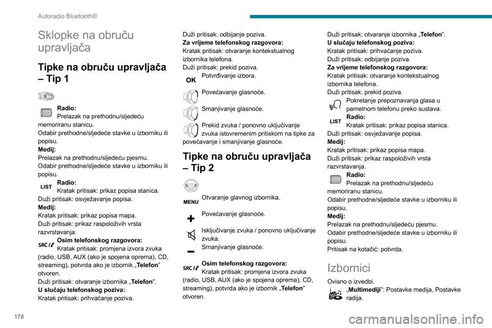 Peugeot Partner 2020 Vodič za korisnike (in Croatian) 178
Autoradio Bluetooth®
„Telefon”: Poziv, Upravljanje mapom,
Upravljanje telefonom, Prekid veze.
„Putno računalo”.
„Održavanje”: Dijagnostika, Popis
upozorenja itd.
„Spajanja”: Peugeot Partner 2020 Vodič za korisnike (in Croatian) 178
Autoradio Bluetooth®
„Telefon”: Poziv, Upravljanje mapom,
Upravljanje telefonom, Prekid veze.
„Putno računalo”.
„Održavanje”: Dijagnostika, Popis
upozorenja itd.
„Spajanja”: