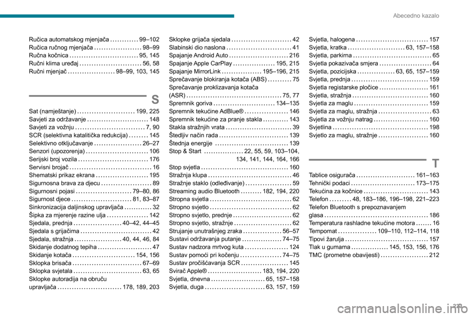 Peugeot Partner 2020  Vodič za korisnike (in Croatian) 233
Abecedno kazalo
Ručica automatskog mjenjača     99–102
Ručica ručnog mjenjača     
98–99
Ručna kočnica
    
95, 145
Ručni klima uređaj
    
56, 58
Ručni mjenjač
    
98–99, 103, 1