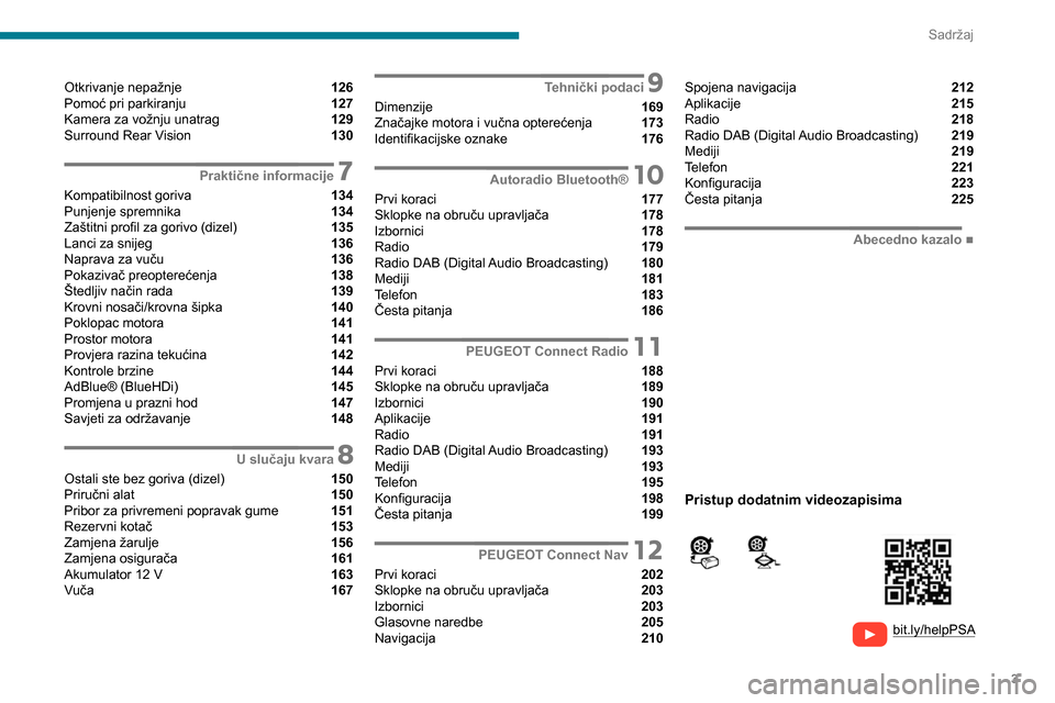 Peugeot Partner 2020  Vodič za korisnike (in Croatian) 3
Sadržaj
  
  
bit.ly/helpPSA
 
 
 
Otkrivanje nepažnje  126
Pomoć pri parkiranju  127
Kamera za vožnju unatrag  129
Surround Rear Vision  130
 7Praktične informacije
Kompatibilnost goriva  134
