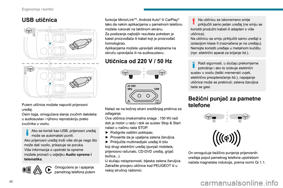 Peugeot Partner 2020 Vodič za korisnike (in Croatian) 48
Ergonomija i komfor
USB utičnica
Putem utičnice možete napuniti prijenosni
uređaj.
Osim toga, omogućava slanje zvučnih datoteka
u audiosustav i njihovu reprodukciju preko
zvučnika u vo Peugeot Partner 2020 Vodič za korisnike (in Croatian) 48
Ergonomija i komfor
USB utičnica
Putem utičnice možete napuniti prijenosni
uređaj.
Osim toga, omogućava slanje zvučnih datoteka
u audiosustav i njihovu reprodukciju preko
zvučnika u vo
