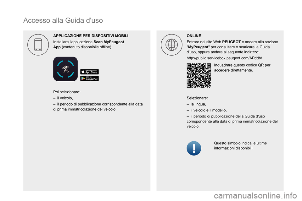 Peugeot Partner 2020  Manuale del proprietario (in Italian)   
Accesso alla Guida dusoAPPLICAZIONE PER DISPOSITIVI MOBILI
Installare lapplicazione 
Scan MyPeugeot0003
002400530053 (contenuto 0047004C0056005300520051004C0045004C004F00480003005200490049004F004