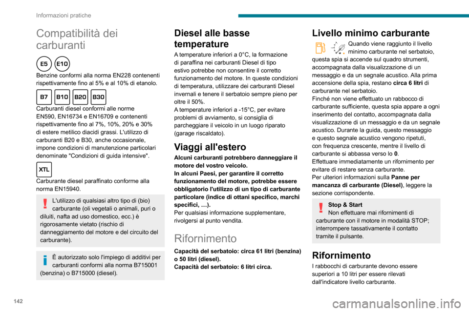 Peugeot Partner 2020  Manuale del proprietario (in Italian) 142
Informazioni pratiche
Compatibilità dei 
carburanti
  
Benzine conformi alla norma EN228 contenenti 
rispettivamente fino al 5% e al 10% di etanolo.
  
Carburanti diesel conformi alle norme 
EN59