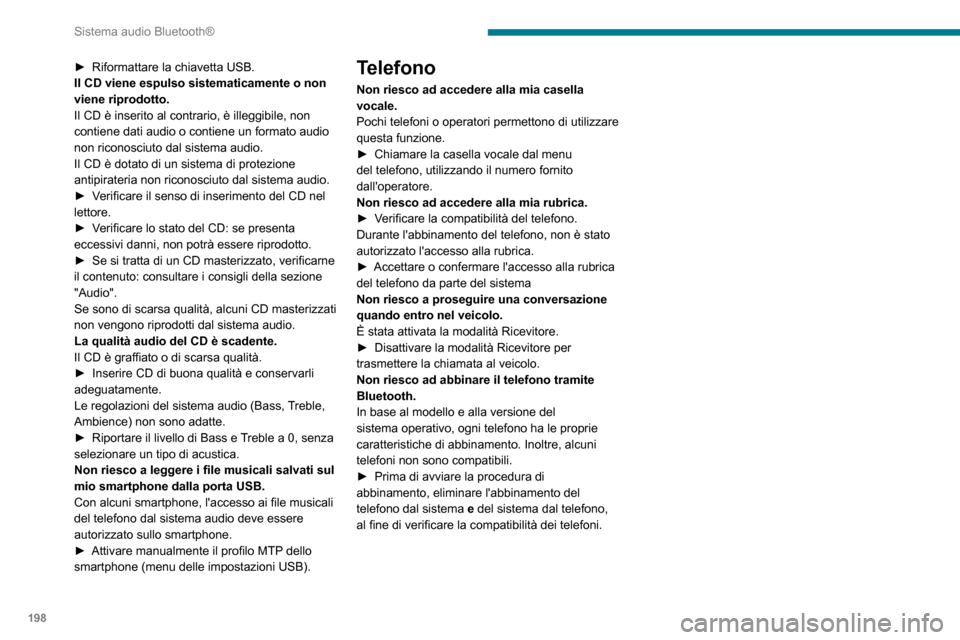Peugeot Partner 2020 Manuale del proprietario (in Italian) 198
Sistema audio Bluetooth®
► Riformattare la chiavetta USB.Il CD viene espulso sistematicamente o non
viene riprodotto.
Il CD è inserito al contrario, è illeggibile, non
contiene dati audio o Peugeot Partner 2020 Manuale del proprietario (in Italian) 198
Sistema audio Bluetooth®
► Riformattare la chiavetta USB.Il CD viene espulso sistematicamente o non
viene riprodotto.
Il CD è inserito al contrario, è illeggibile, non
contiene dati audio o