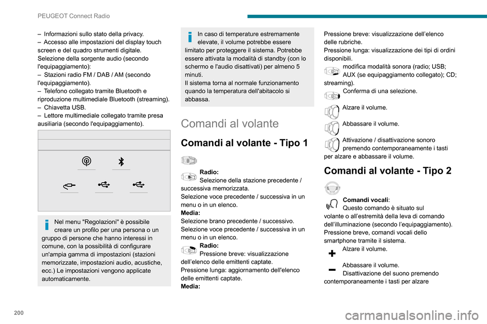 Peugeot Partner 2020  Manuale del proprietario (in Italian) 200
PEUGEOT Connect Radio
– Informazioni sullo stato della privacy.– Accesso alle impostazioni del display touch screen e del quadro strumenti digitale.
Selezione della sorgente audio (secondo 
l