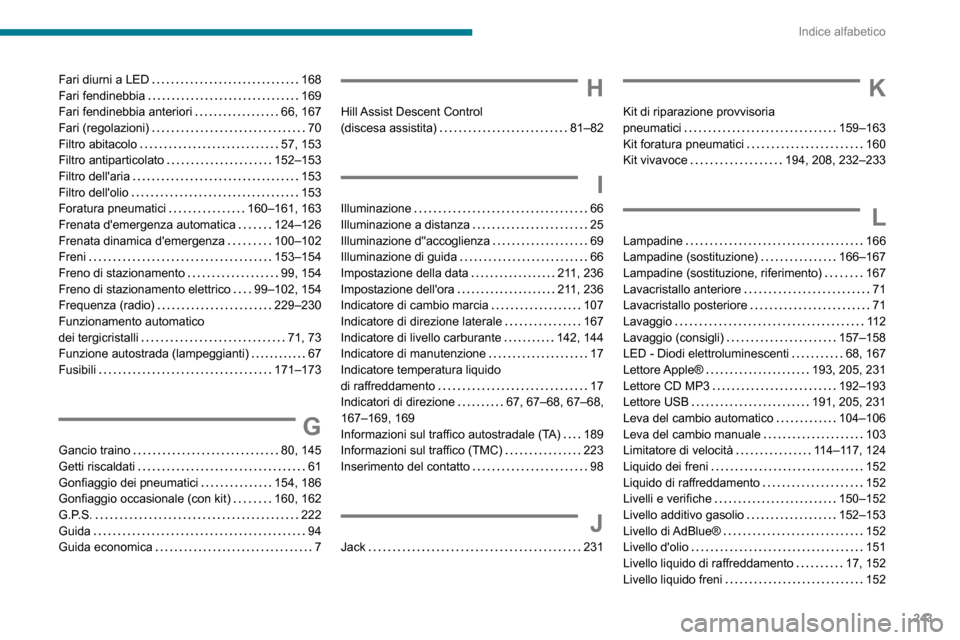 Peugeot Partner 2020 Manuale del proprietario (in Italian) 243
Indice alfabetico
Fari diurni a LED 168Fari fendinebbia 169Fari fendinebbia anteriori 66, 167Fari (regolazioni) 70Filtro abitacolo 57, 153Filtro antiparticolato 152–153Filtro dellar Peugeot Partner 2020 Manuale del proprietario (in Italian) 243
Indice alfabetico
Fari diurni a LED 168Fari fendinebbia 169Fari fendinebbia anteriori 66, 167Fari (regolazioni) 70Filtro abitacolo 57, 153Filtro antiparticolato 152–153Filtro dellar