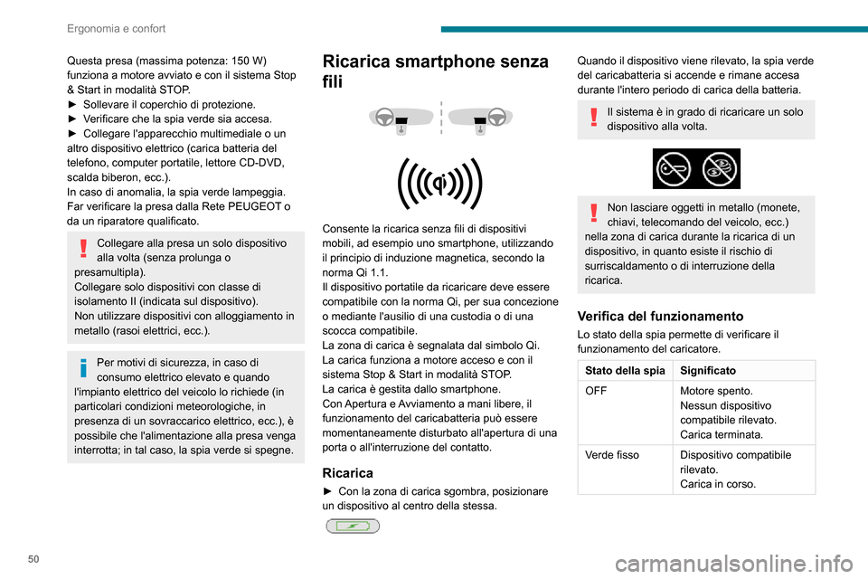 Peugeot Partner 2020  Manuale del proprietario (in Italian) 50
Ergonomia e confort
Stato della spiaSignificato
Arancione 
lampeggiante Corpo estraneo nellarea 
di ricarica rilevato.
Dispositivo centrato male 
nellarea di ricarica.
Arancione fisso Malfunziona