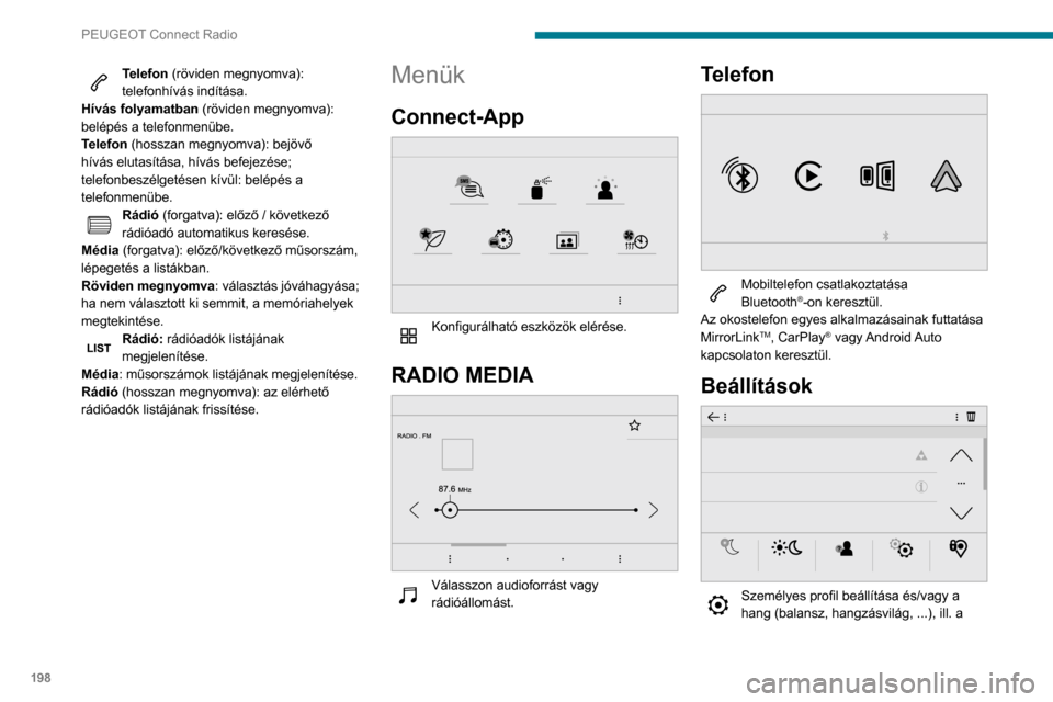 Peugeot Partner 2020  Kezelési útmutató (in Hungarian) 198
PEUGEOT Connect Radio
Telefon (röviden megnyomva): 
telefonhívás indítása.
Hívás folyamatban (röviden megnyomva): 
belépés a telefonmenübe.
Telefon (hosszan megnyomva): bejövő 
hívá