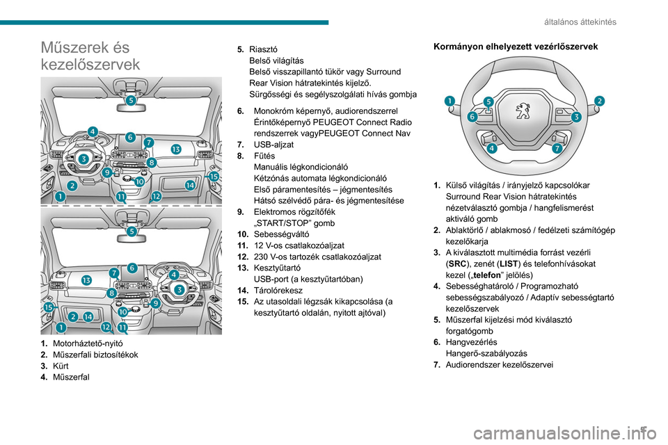Peugeot Partner 2020  Kezelési útmutató (in Hungarian) 5
általános áttekintés
Műszerek és 
kezelőszervek
1.Motorháztető-nyitó
2. Műszerfali biztosítékok
3. Kürt
4. Műszerfal 5.
Riasztó
Belső világítás
Belső visszapillantó tükör vag