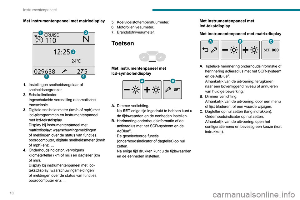 Peugeot Partner 2020  Handleiding (in Dutch) 10
Instrumentenpaneel
Toerenteller 
 
 
 
Toerenteller (x 1000 t/min).
Waarschuwings- en 
verklikkerlampjes
De waarschuwings- en verklikkerlampjes 
(weergegeven als symbolen) informeren 
de bestuurder