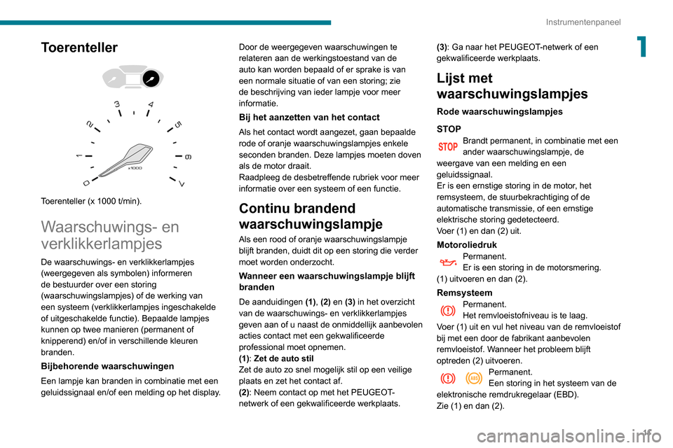 Peugeot Partner 2020  Handleiding (in Dutch) 11
Instrumentenpaneel
1Toerenteller 
 
 
 
Toerenteller (x 1000 t/min).
Waarschuwings- en 
verklikkerlampjes
De waarschuwings- en verklikkerlampjes 
(weergegeven als symbolen) informeren 
de bestuurde