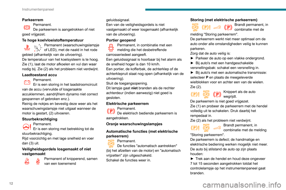 Peugeot Partner 2020 Handleiding (in Dutch) 12
Instrumentenpaneel
ParkeerremPermanent.
De parkeerrem is aangetrokken of niet
goed vrijgezet.
Te hoge koelvloeistoftemperatuur
90° CPermanent (waarschuwingslampje
of LED), met de naald in het ro Peugeot Partner 2020 Handleiding (in Dutch) 12
Instrumentenpaneel
ParkeerremPermanent.
De parkeerrem is aangetrokken of niet
goed vrijgezet.
Te hoge koelvloeistoftemperatuur
90° CPermanent (waarschuwingslampje
of LED), met de naald in het ro