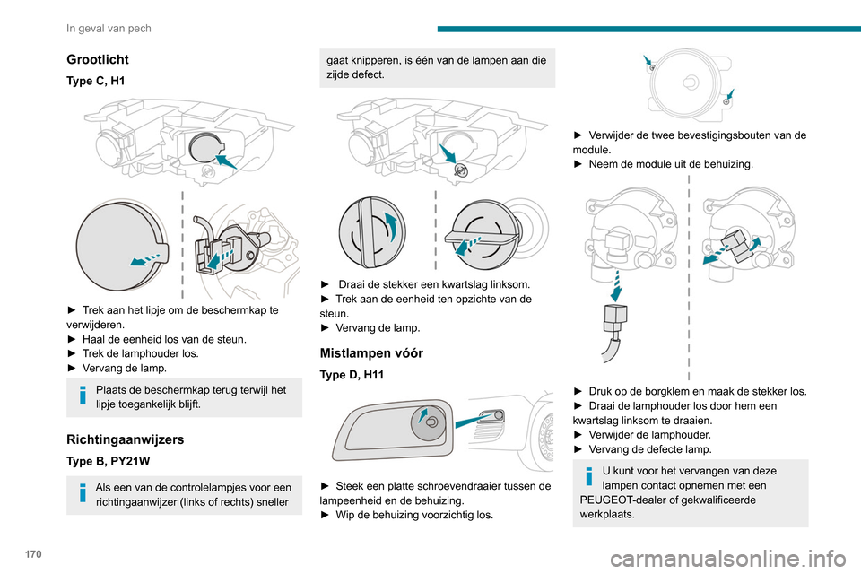 Peugeot Partner 2020  Handleiding (in Dutch) 170
In geval van pech
Grootlicht
Type C, H1 
 
► Trek aan het lipje om de beschermkap te 
verwijderen.
► 
Haal de eenheid los van de steun.
►

 
T
 rek de lamphouder los.
►
 
V
 ervang de lamp
