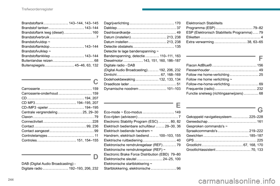 Peugeot Partner 2020  Handleiding (in Dutch) 244
Trefwoordenregister
Brandstoftank    143–144, 143–145
Brandstof tanken     
143–144
Brandstoftank leeg (diesel)
    
160
Brandstofverbruik
    
7
Brandstofvuldop ~  
Brandstoftankdop
    
14