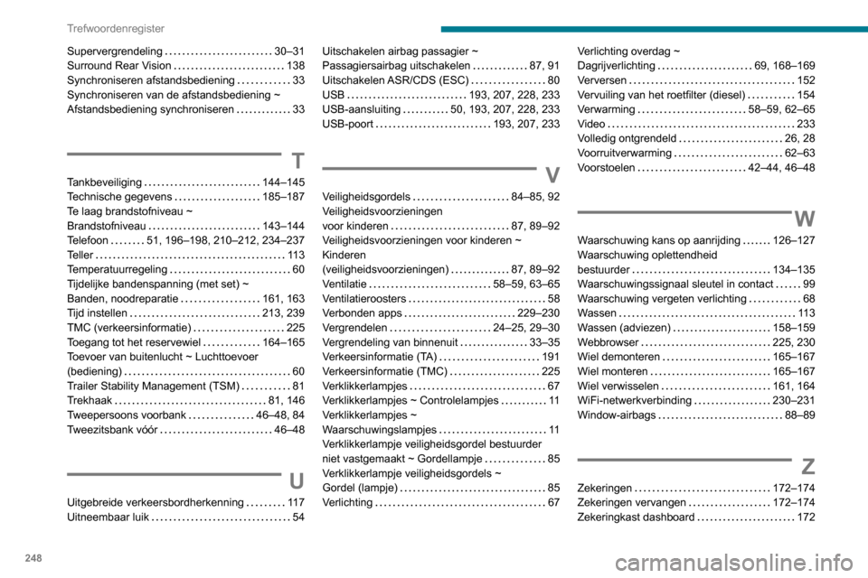 Peugeot Partner 2020  Handleiding (in Dutch) 248
Trefwoordenregister
Supervergrendeling     30–31
Surround Rear Vision     
138
Synchroniseren afstandsbediening
    
33
Synchroniseren van de afstandsbediening ~ 
Afstandsbediening synchronisere