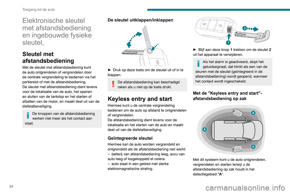 Peugeot Partner 2020  Handleiding (in Dutch) 24
Toegang tot de auto
Elektronische sleutel 
met afstandsbediening 
en ingebouwde fysieke 
sleutel,
Sleutel met 
afstandsbediening
Met de sleutel met afstandsbediening kunt 
de auto ontgrendelen of v