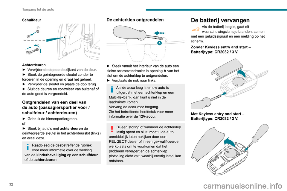 Peugeot Partner 2020  Handleiding (in Dutch) 32
Toegang tot de auto
Schuifdeur 
 
Achterdeuren
► V erwijder de dop op de zijkant van de deur.
►
 
Steek de geïntegreerde sleutel zonder te 
forceren in de opening en  draai

 het geheel.
►
 