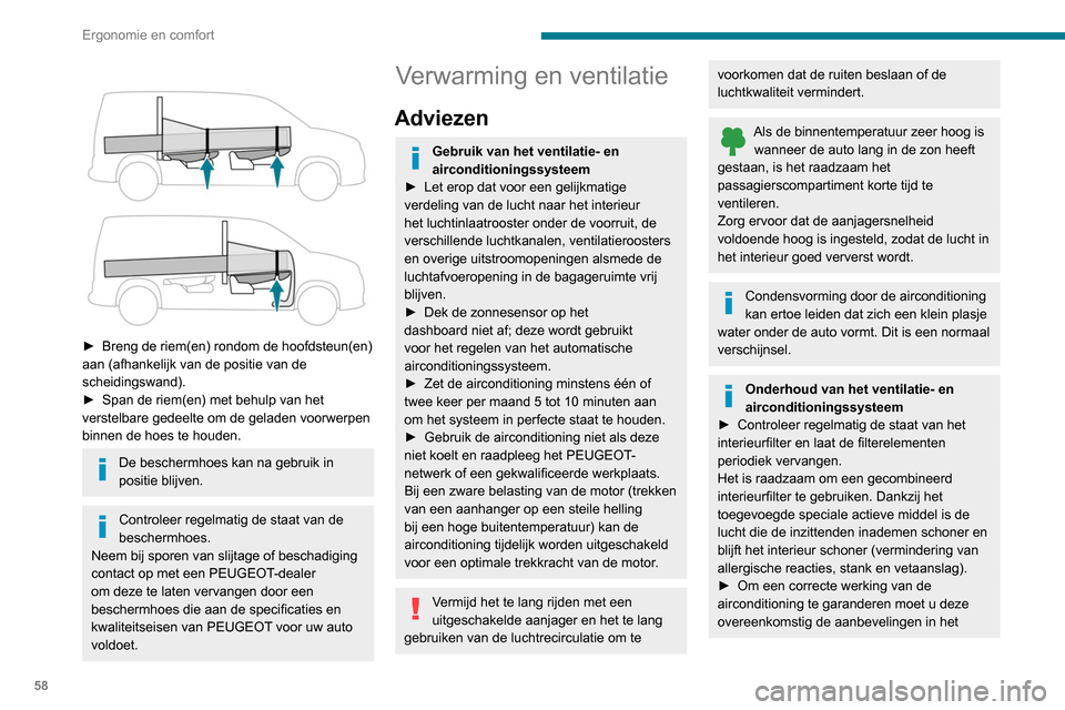 Peugeot Partner 2020  Handleiding (in Dutch) 58
Ergonomie en comfort
 
 
► Breng de riem(en) rondom de hoofdsteun(en) 
aan (afhankelijk van de positie van de 
scheidingswand).
►
 
Span de riem(en) met behulp van het 
verstelbare gedeelte om 