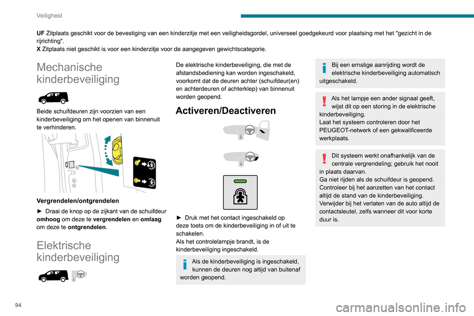 Peugeot Partner 2020 Handleiding (in Dutch) 94
Veiligheid
UF Zitplaats geschikt voor de bevestiging van een kinderzitje met een veil\
igheidsgordel, universeel goedgekeurd voor plaatsing met het "gezicht in\
de
rijrichting".
X Zitplaats niet Peugeot Partner 2020 Handleiding (in Dutch) 94
Veiligheid
UF Zitplaats geschikt voor de bevestiging van een kinderzitje met een veil\
igheidsgordel, universeel goedgekeurd voor plaatsing met het "gezicht in\
de
rijrichting".
X Zitplaats niet