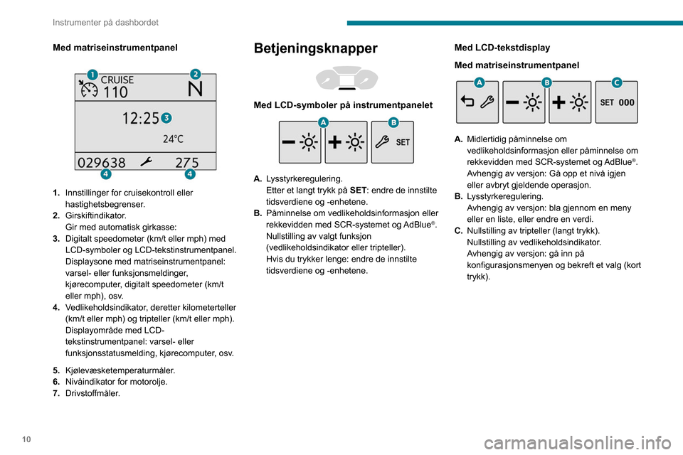 Peugeot Partner 2020  Brukerhåndbok (in Norwegian) 10
Instrumenter på dashbordet
Turteller 
 
 
 
Turteller (x 1000 o/min).
Kontrollamper
Varsel- og indikasjonslys er symboler som 
varsler føreren om at det har oppstått en 
uregelmessighet (varsell