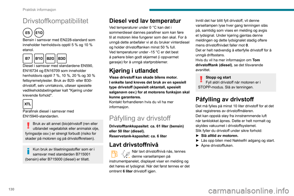 Peugeot Partner 2020 Brukerhåndbok (in Norwegian) 130
Praktisk informasjon
Drivstoffkompatibilitet
Bensin i samsvar med EN228-standard som
inneholder henholdsvis opptil 5 % og 10 %
etanol.
Diesel i samsvar med standardene EN590,
EN16734 og EN Peugeot Partner 2020 Brukerhåndbok (in Norwegian) 130
Praktisk informasjon
Drivstoffkompatibilitet
Bensin i samsvar med EN228-standard som
inneholder henholdsvis opptil 5 % og 10 %
etanol.
Diesel i samsvar med standardene EN590,
EN16734 og EN