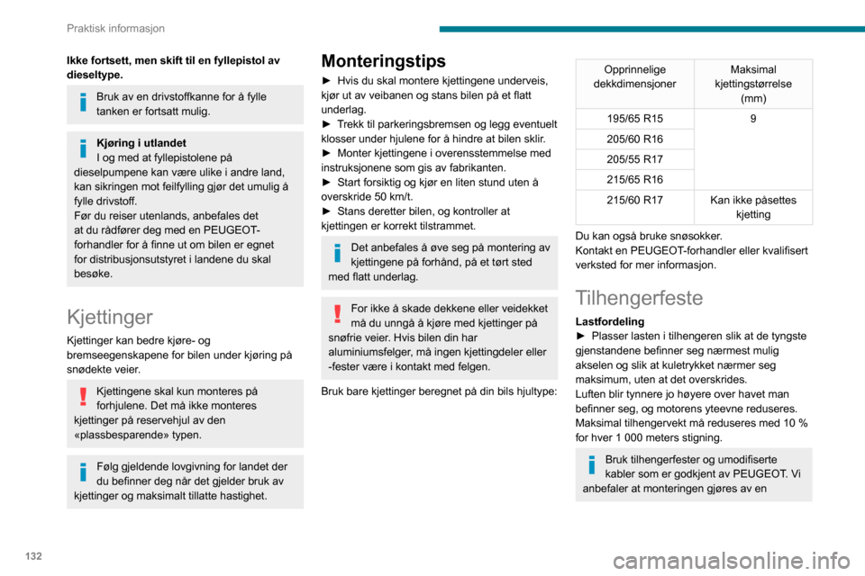 Peugeot Partner 2020 Brukerhåndbok (in Norwegian) 132
Praktisk informasjon
Tilhengerfester
Avhengig av utstyr kan bilen være utstyrt med ett av følgende tilhe\
ngerfester:
Godkjenningsnr.: E1 R55 (referanse 2)Monteringsposisjon, deretter tilhengerr Peugeot Partner 2020 Brukerhåndbok (in Norwegian) 132
Praktisk informasjon
Tilhengerfester
Avhengig av utstyr kan bilen være utstyrt med ett av følgende tilhe\
ngerfester:
Godkjenningsnr.: E1 R55 (referanse 2)Monteringsposisjon, deretter tilhengerr