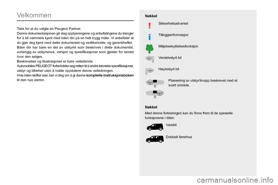 Peugeot Partner 2020  Brukerhåndbok (in Norwegian)   
 
 
 
 
 
  
  
   
   
 
  
 
  
 
 
 
   
 
 
  
Velkommen
Takk for at du valgte en Peugeot Partner.
Denne dokumentasjonen gir deg opplysningene og anbefalingene du trenger 
for å bli nærmere k