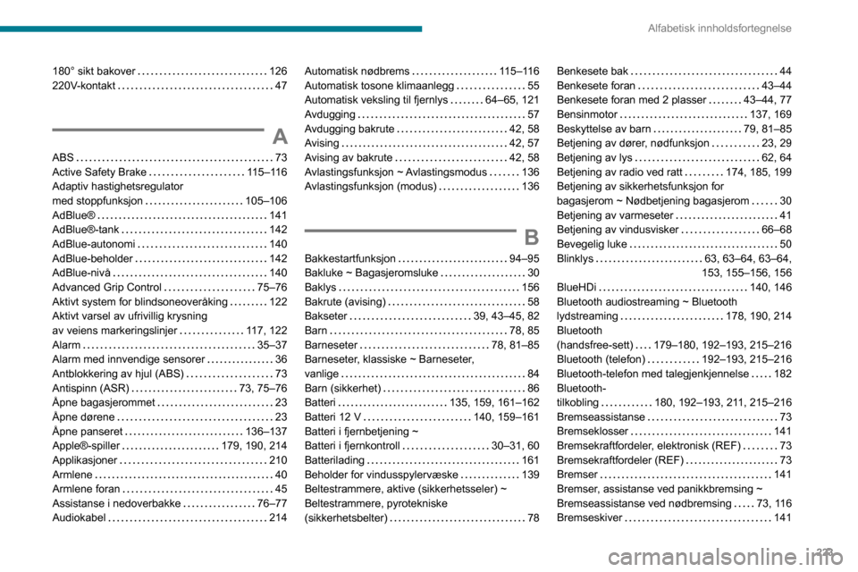 Peugeot Partner 2020 Brukerhåndbok (in Norwegian) 223
Alfabetisk innholdsfortegnelse
180° sikt bakover 126
220V-kontakt
47
A
ABS 73
Active Safety Brake
115–116
Adaptiv hastighetsregulator
med stoppfunksjon
105–106
AdBlue®
Peugeot Partner 2020 Brukerhåndbok (in Norwegian) 223
Alfabetisk innholdsfortegnelse
180° sikt bakover 126
220V-kontakt
47
A
ABS 73
Active Safety Brake
115–116
Adaptiv hastighetsregulator
med stoppfunksjon
105–106
AdBlue®