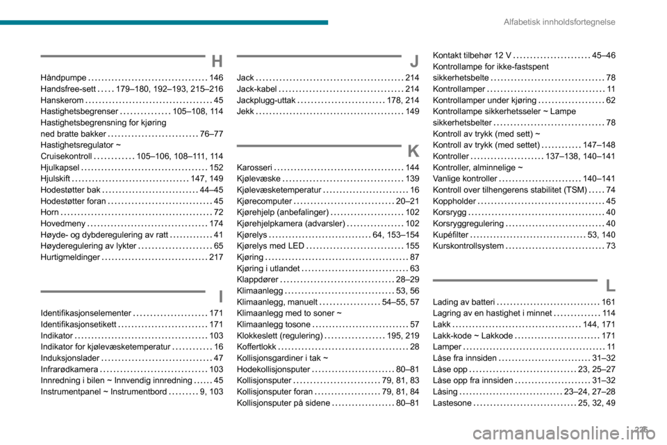 Peugeot Partner 2020  Brukerhåndbok (in Norwegian) 225
Alfabetisk innholdsfortegnelse
H
Håndpumpe    146
Handsfree-sett    
179–180, 192–193, 215–216
Hanskerom
    
45
Hastighetsbegrenser
    
105–108, 114
Hastighetsbegrensning for kjøring  