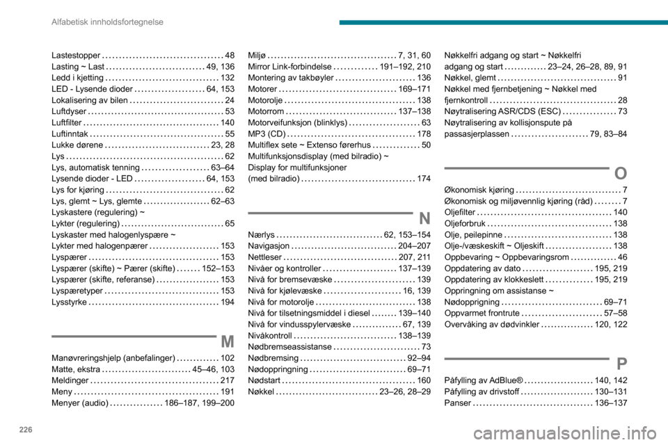Peugeot Partner 2020 Brukerhåndbok (in Norwegian) 226
Alfabetisk innholdsfortegnelse
Lastestopper 48
Lasting ~ Last
49, 136
Ledd i kjetting
132
LED - Lysende dioder
64, 153
Lokalisering av bilen
24
Luftdyser
53
Luftfilter Peugeot Partner 2020 Brukerhåndbok (in Norwegian) 226
Alfabetisk innholdsfortegnelse
Lastestopper 48
Lasting ~ Last
49, 136
Ledd i kjetting
132
LED - Lysende dioder
64, 153
Lokalisering av bilen
24
Luftdyser
53
Luftfilter
