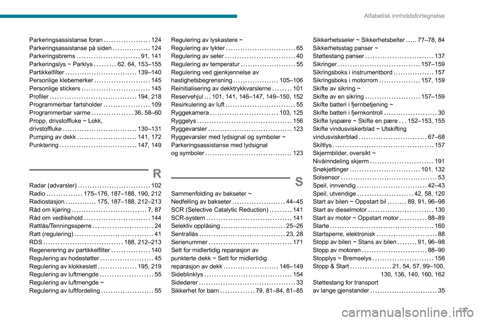 Peugeot Partner 2020 Brukerhåndbok (in Norwegian) 227
Alfabetisk innholdsfortegnelse
Parkeringsassistanse foran 124
Parkeringsassistanse på siden
124
Parkeringsbrems
91, 141
Parkeringslys ~ Parklys
62, 64, 153–155
Partikkelfilte Peugeot Partner 2020 Brukerhåndbok (in Norwegian) 227
Alfabetisk innholdsfortegnelse
Parkeringsassistanse foran 124
Parkeringsassistanse på siden
124
Parkeringsbrems
91, 141
Parkeringslys ~ Parklys
62, 64, 153–155
Partikkelfilte