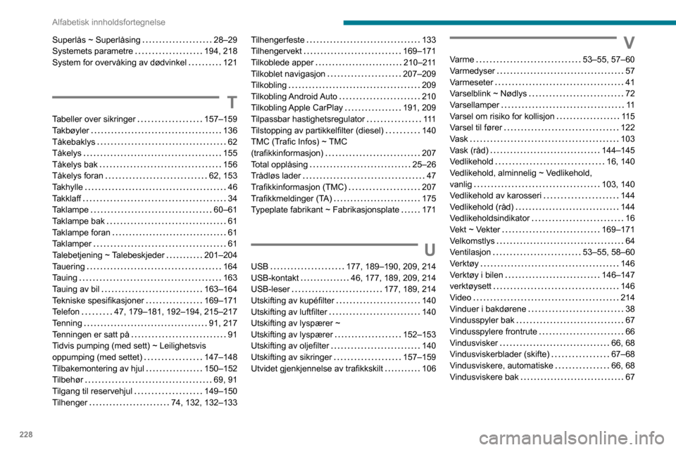 Peugeot Partner 2020  Brukerhåndbok (in Norwegian) 228
Alfabetisk innholdsfortegnelse
Superlås ~ Superlåsing     28–29
Systemets parametre    
194, 218
System for overvåking av dødvinkel
    
121
T
Tabeller over sikringer     157–159
Takbøyle