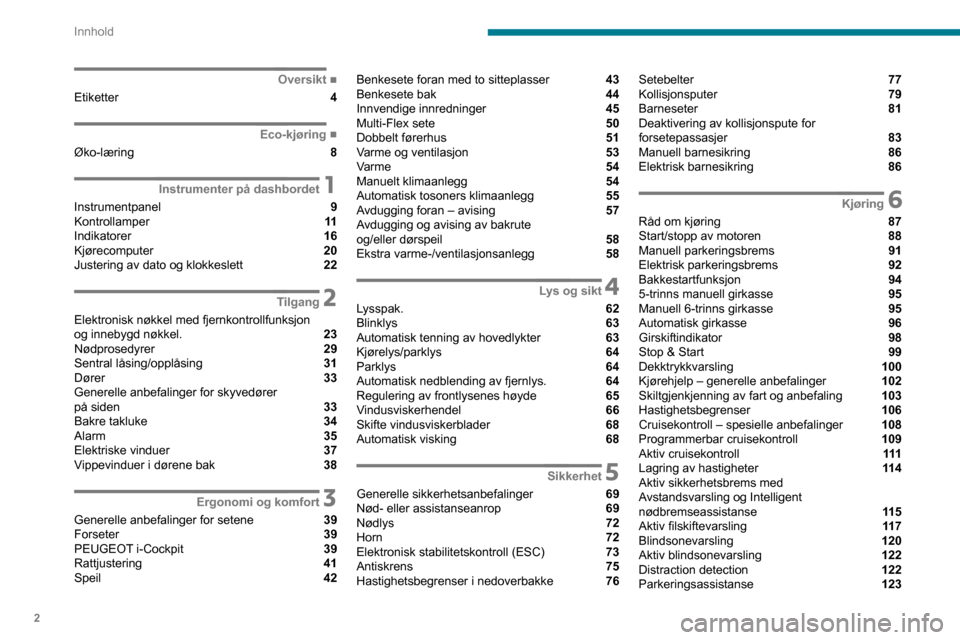Peugeot Partner 2020  Brukerhåndbok (in Norwegian) 2
Innhold
 
 
 
 
 
 
 
   ■
Oversikt
Etiketter  4
  ■
Eco-kjøring
Øko-læring  8
 1Instrumenter på dashbordet
Instrumentpanel  9
Kontrollamper  11
Indikatorer  16
Kjørecomputer  20
Juster