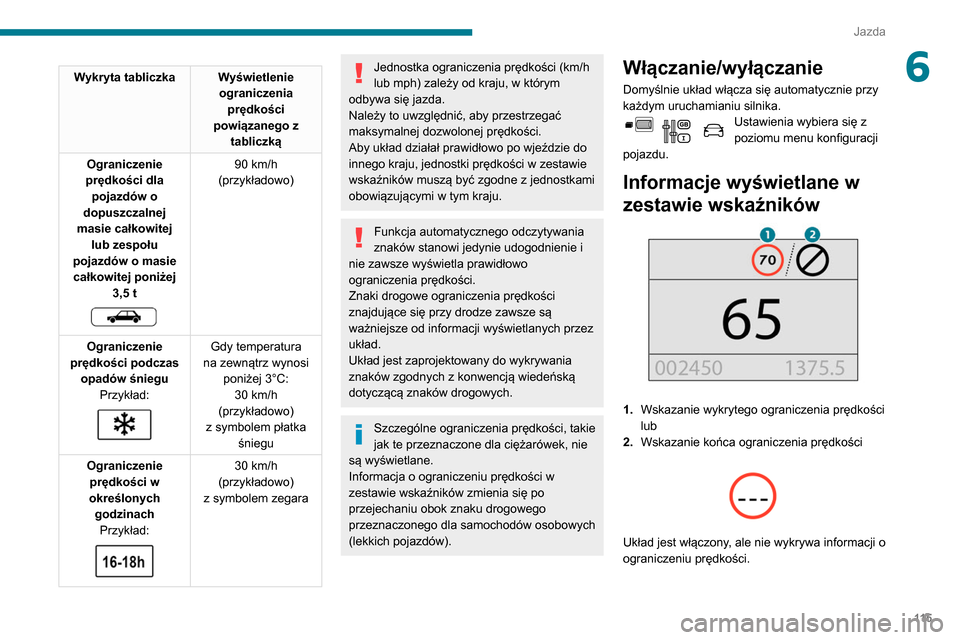 Peugeot Partner 2020 Instrukcja Obsługi (in Polish) 11 5
Jazda
6Wykryta tabliczka Wyświetlenie ograniczenia prędkości
powiązanego z tabliczką
Ograniczenie
prędkości dla pojazdów o
dopuszczalnej
masie całkowitej lub zespołu
pojazdów o Peugeot Partner 2020 Instrukcja Obsługi (in Polish) 11 5
Jazda
6Wykryta tabliczka Wyświetlenie ograniczenia prędkości
powiązanego z tabliczką
Ograniczenie
prędkości dla pojazdów o
dopuszczalnej
masie całkowitej lub zespołu
pojazdów o