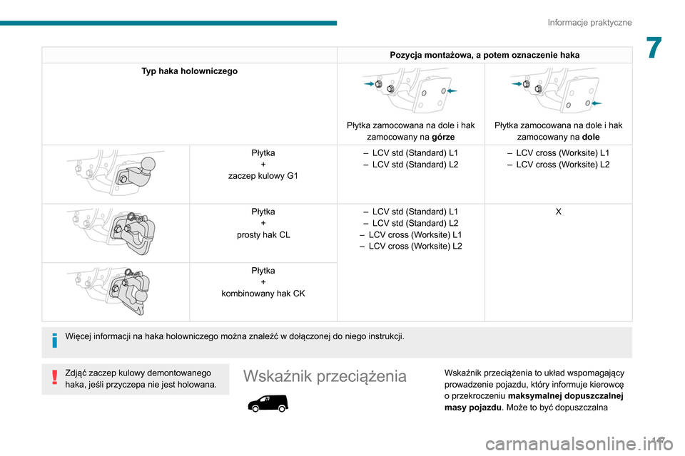 Peugeot Partner 2020  Instrukcja Obsługi (in Polish) 147
Informacje praktyczne
7Pozycja montażowa, a potem oznaczenie haka
Typ haka holowniczego 
 
Płytka zamocowana na dole i hak  zamocowany na  górze
 
 
Płytka zamocowana na dole i hak 
zamocowany