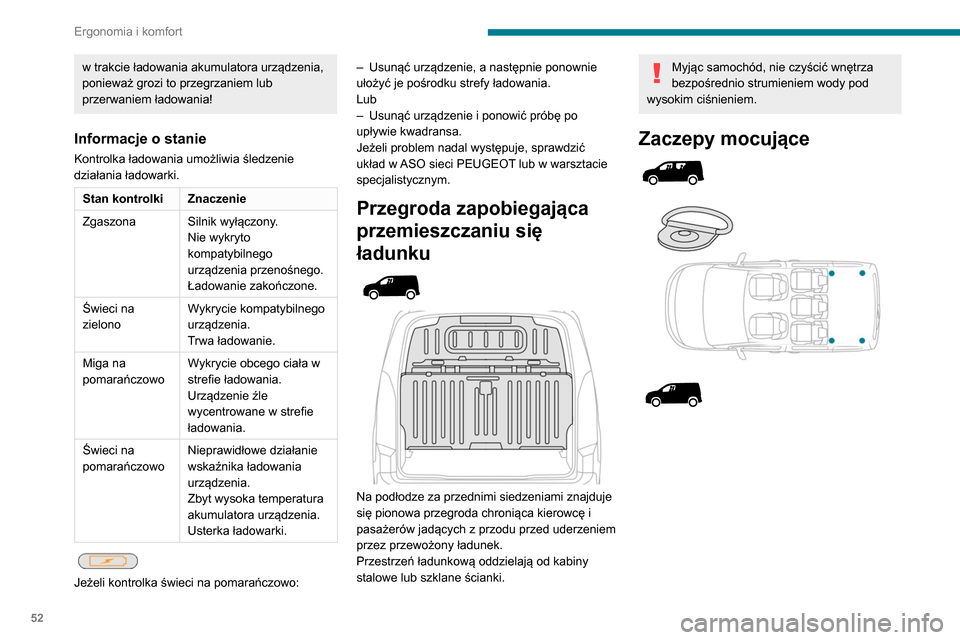Peugeot Partner 2020 Instrukcja Obsługi (in Polish) 52
Ergonomia i komfort
w trakcie ładowania akumulatora urządzenia,
ponieważ grozi to przegrzaniem lub
przerwaniem ładowania!
Informacje o stanie
Kontrolka ładowania umożliwia śledzenie
dzia Peugeot Partner 2020 Instrukcja Obsługi (in Polish) 52
Ergonomia i komfort
w trakcie ładowania akumulatora urządzenia,
ponieważ grozi to przegrzaniem lub
przerwaniem ładowania!
Informacje o stanie
Kontrolka ładowania umożliwia śledzenie
dzia