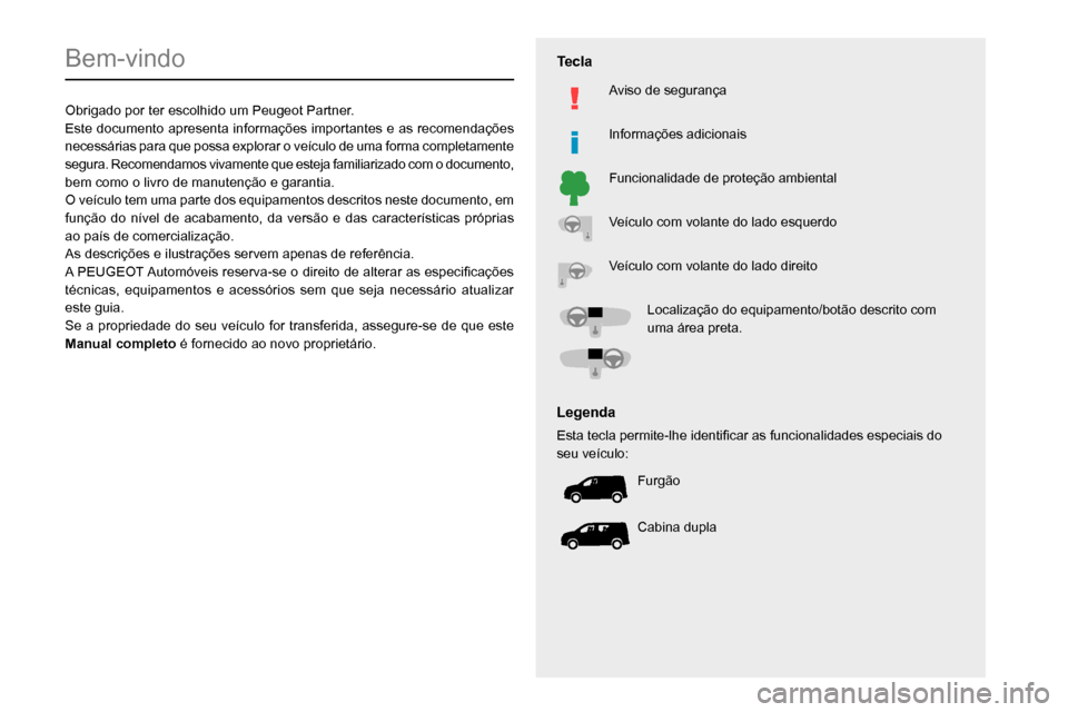 Peugeot Partner 2020  Manual do proprietário (in Portuguese)   
 
 
 
 
 
  
  
   
   
 
  
 
  
 
 
 
   
 
 
  
Bem-vindo
Obrigado por ter escolhido um Peugeot Partner.
Este documento apresenta informações importantes e as recomendações 
necessárias par