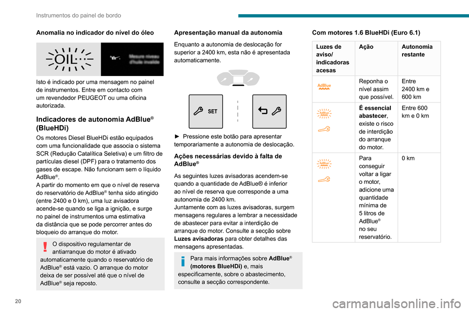 Peugeot Partner 2020  Manual do proprietário (in Portuguese) 20
Instrumentos do painel de bordo
Anomalia no indicador do nível do óleo
 
 
Isto é indicado por uma mensagem no painel 
de instrumentos. Entre em contacto com 
um revendedor PEUGEOT ou uma oficin