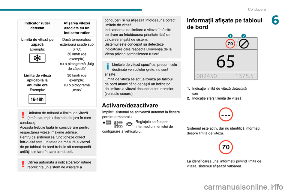 Peugeot Partner 2020 Manualul de utilizare (in Romanian) 111
Conducere
6Indicator rutier detectat Afișarea vitezei
asociate cu un
indicator rutier
Limita de viteză pe zăpadă
Exemplu:
Dacă temperatura
exterioară scade sub 3 °C:
30
km/h (de Peugeot Partner 2020 Manualul de utilizare (in Romanian) 111
Conducere
6Indicator rutier detectat Afișarea vitezei
asociate cu un
indicator rutier
Limita de viteză pe zăpadă
Exemplu:
Dacă temperatura
exterioară scade sub 3 °C:
30
km/h (de