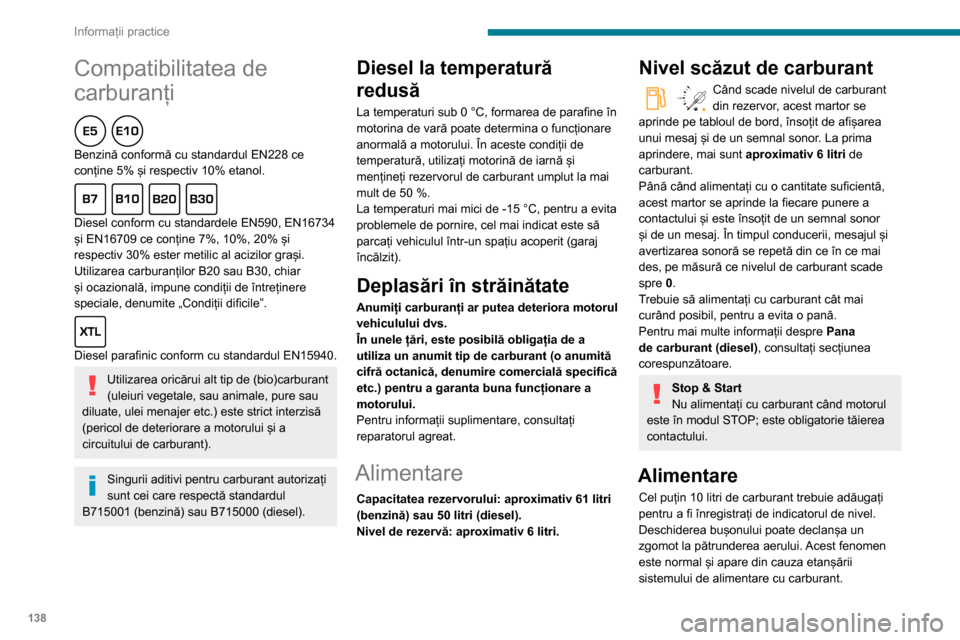 Peugeot Partner 2020 Manualul de utilizare (in Romanian) 138
Informații practice
Compatibilitatea de
carburanți
Benzină conformă cu standardul EN228 ce
conține 5% și respectiv 10% etanol.
Diesel conform cu standardele EN590, EN16734
și EN167 Peugeot Partner 2020 Manualul de utilizare (in Romanian) 138
Informații practice
Compatibilitatea de
carburanți
Benzină conformă cu standardul EN228 ce
conține 5% și respectiv 10% etanol.
Diesel conform cu standardele EN590, EN16734
și EN167
