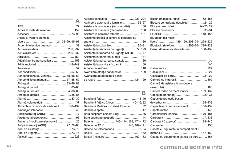 Peugeot Partner 2020  Manualul de utilizare (in Romanian) 236
Index alfabetic
A
ABS    77
Acces la roata de rezervă     
159
Accesorii
    
73, 96
Acces și Pornire cu Mâini   
Libere
    
24, 26–29, 95–96
Acționări electrice geamuri
    
39
Actualiz