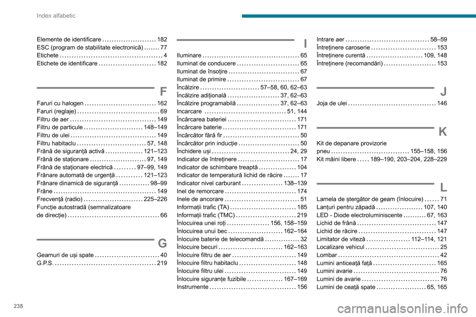 Peugeot Partner 2020  Manualul de utilizare (in Romanian) 238
Index alfabetic
Elemente de identificare     182
ESC (program de stabilitate electronică)     
77
Etichete
    
4
Etichete de identificare
    
182
F
Faruri cu halogen     162
Faruri (reglaje)   