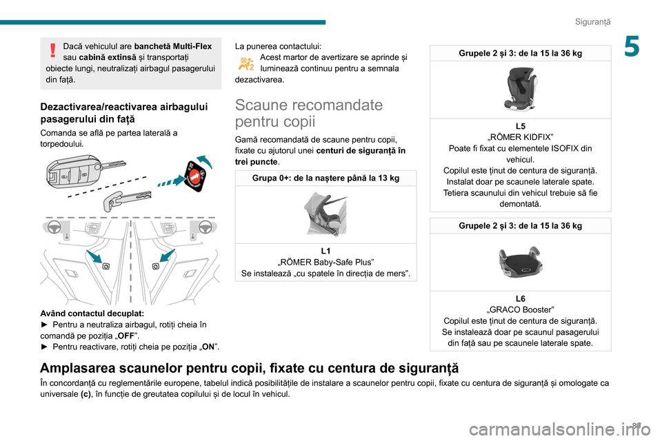 Peugeot Partner 2020 Manualul de utilizare (in Romanian) 89
Siguranță
5Dacă vehiculul are banchetă Multi-Flex
sau cabină extinsă și transportați
obiecte lungi, neutralizați airbagul pasagerului
din față.
Dezactivarea/reactivarea airbagului
p Peugeot Partner 2020 Manualul de utilizare (in Romanian) 89
Siguranță
5Dacă vehiculul are banchetă Multi-Flex
sau cabină extinsă și transportați
obiecte lungi, neutralizați airbagul pasagerului
din față.
Dezactivarea/reactivarea airbagului
p