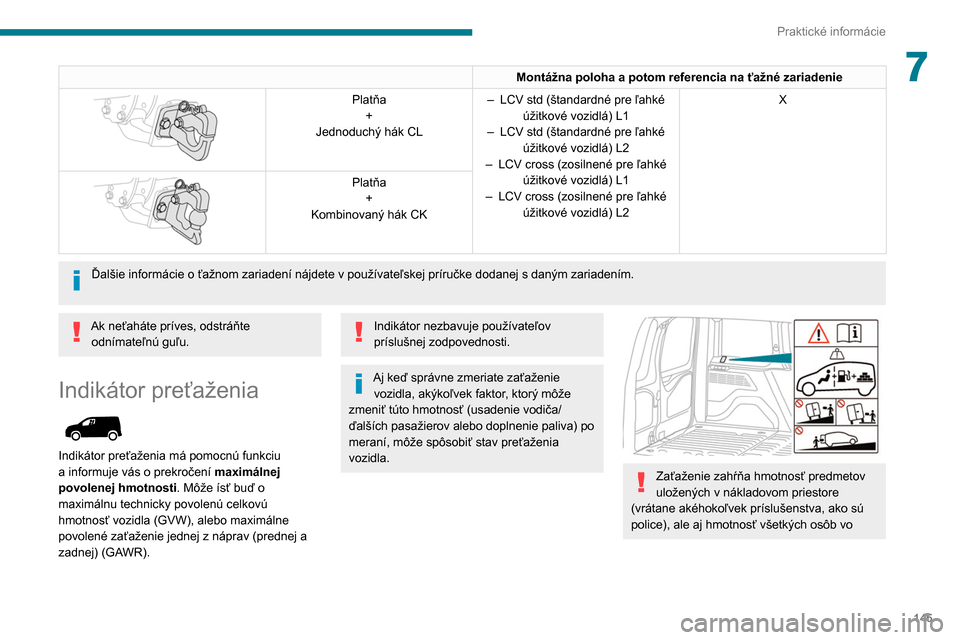 Peugeot Partner 2020 Užívateľská príručka (in Slovak) 145
Praktické informácie
7Montážna poloha a potom referencia na ťažné zariadenie
Platňa+
Jednoduchý hák CL –
LCV std (štandardné pre ľahké
úžitkové vozidlá) L1
–
LCV std ( Peugeot Partner 2020 Užívateľská príručka (in Slovak) 145
Praktické informácie
7Montážna poloha a potom referencia na ťažné zariadenie
Platňa+
Jednoduchý hák CL –
LCV std (štandardné pre ľahké
úžitkové vozidlá) L1
–
LCV std (